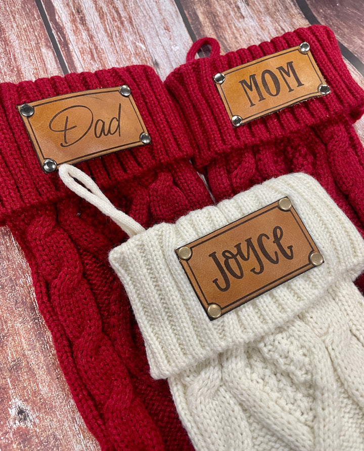 Personalized Knitted Christmas Stocking with Genuine Leather Patch - Premium holiday from Pat's Monograms - Just $28.95! Shop now at Pat's Monograms