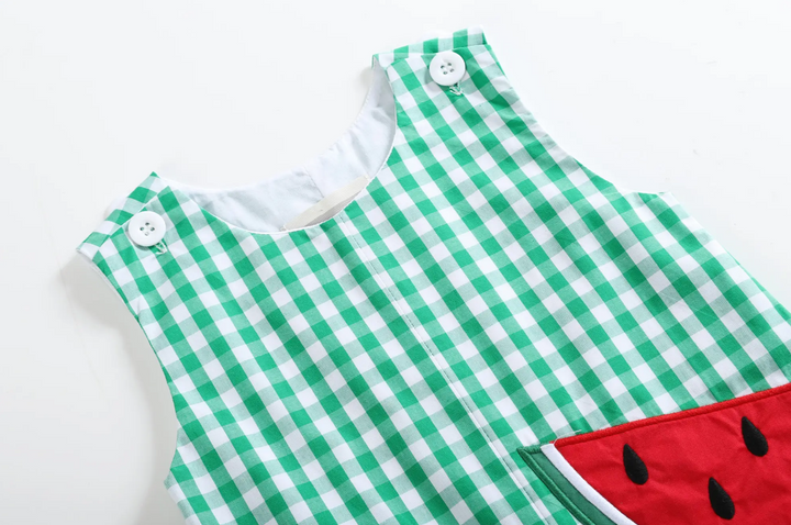 Lil Cactus - Green Gingham Watermelon Applique Shortalls - Premium Baby & Toddler Outfits from Lil Cactus - Just $29.95! Shop now at Pat's Monograms