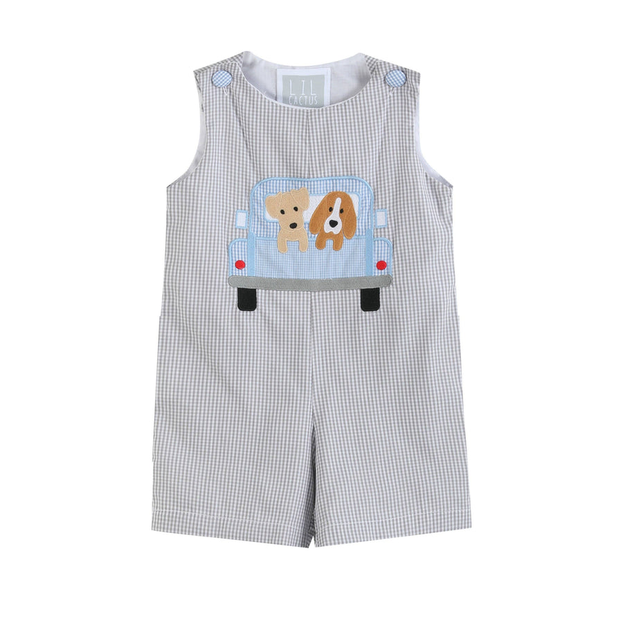 Grey Gingham Puppies in Truck Shortalls - Premium Baby & Toddler Outfits from Lil Cactus - Just $34.95! Shop now at Pat's Monograms